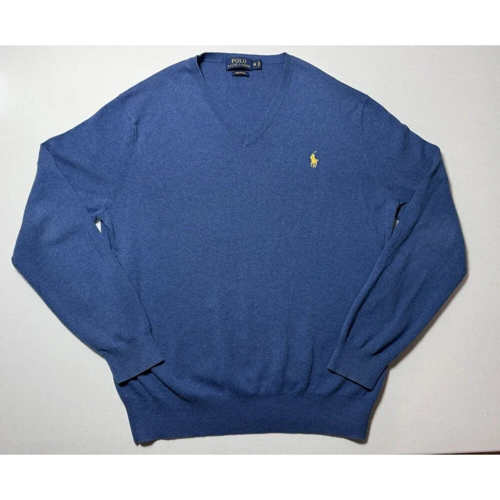 Polo Ralph Lauren Sweater Men's Blue 100% Pima Cotton V Neck Pullover Size M